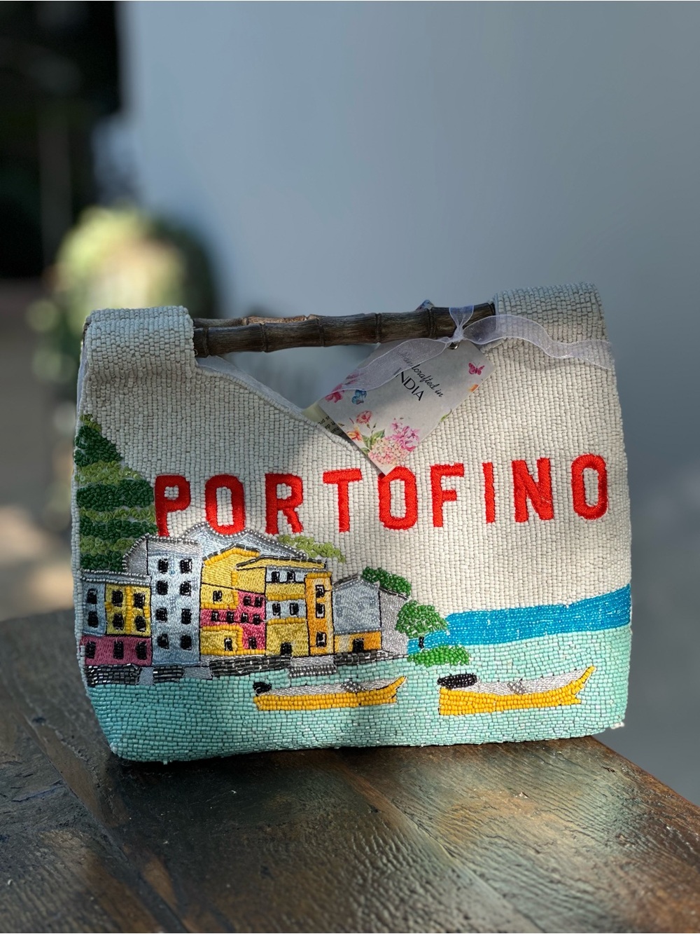 Portofino Beaded Handbag with Bamboo Handle in Cream & Turquoise
